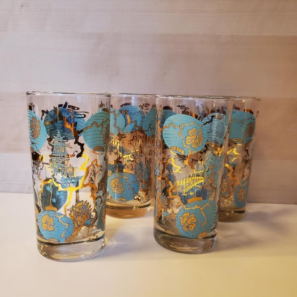Set of 4 Vtg Dominion MCM Highball Tumbler Asian Turquoise Gold Drinking Glasses - Picture 2 of 15